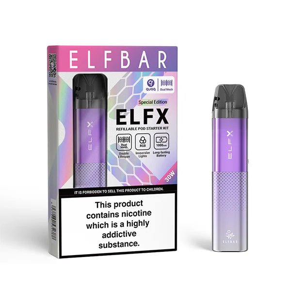 Elfbar ELFX Vape Kit Purple pod Kit With Packaging on White Background- UK Vape Sales