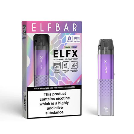 Elfbar ELFX Vape Kit Purple pod Kit With Packaging on White Background- UK Vape Sales