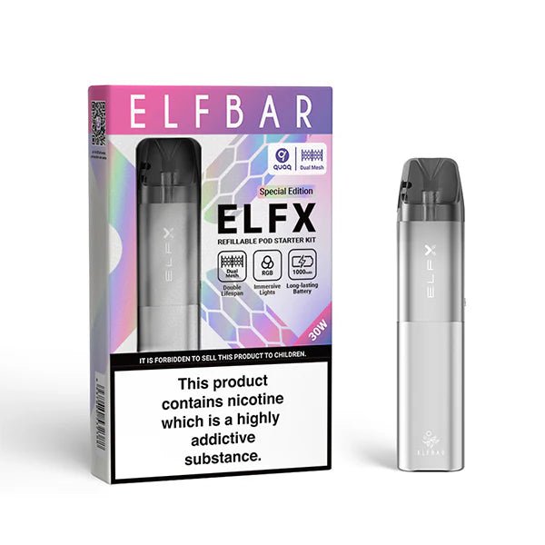 Elfbar ELFX Vape Kit Silver pod Kit With Packaging on White Background- UK Vape Sales