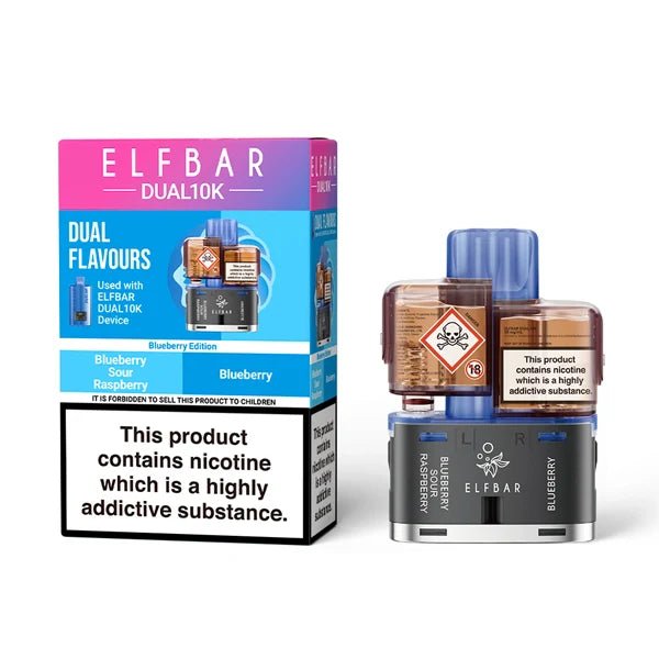 Elf Bar Dual 10K Refill Pods blueberry edition with packaging on a white background - uk vape sales