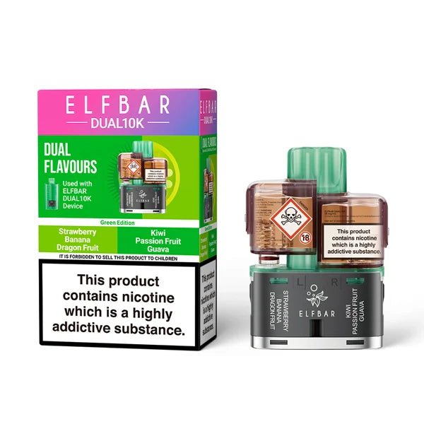 Elf Bar Dual 10K Refill Pods green edition with packaging on a white background - uk vape sales