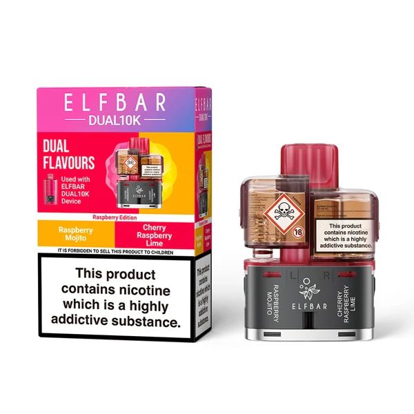 Elf Bar Dual 10K Refill Pods raspberry edition with packaging on a white background - uk vape sales