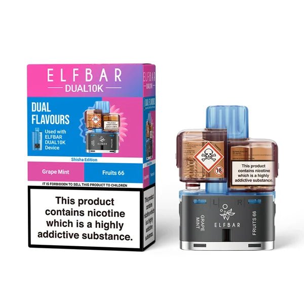 Elf Bar Dual 10K Refill Pods shisha edition with packaging on a white background - uk vape sales