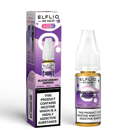 Elf bar ELFLIQ Nic Salts blackcurrant aniseed 10ml nic salt bottle with box on white background - uk vape sales