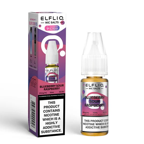 Elf bar ELFLIQ Nic Salts blueberry sour raspberry 10ml nic salt bottle with box on white background - uk vape sales