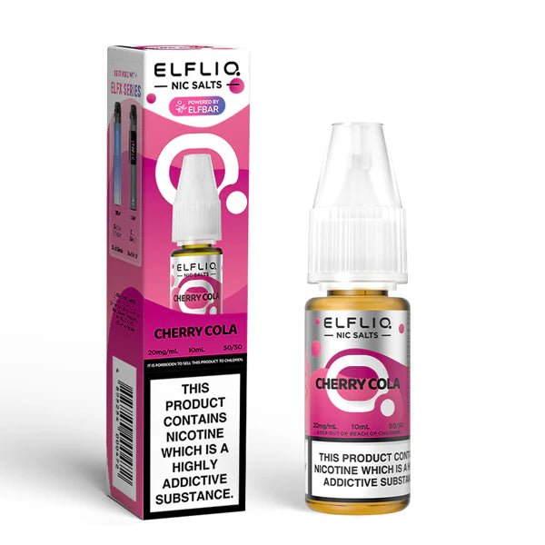 Elf bar ELFLIQ Nic Salts cherry cola 10ml nic salt bottle with box on white background - uk vape sales