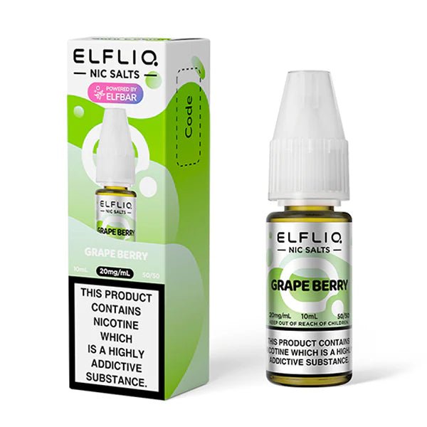 Elf bar ELFLIQ Nic Salts grapeberry 10ml nic salt bottle with box on white background - uk vape sales
