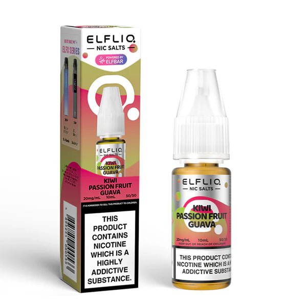 Elf bar ELFLIQ Nic Salts kiwi passion fruit guava 10ml nic salt bottle with box on white background - uk vape sales