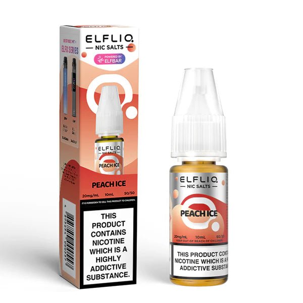 Elf bar ELFLIQ Nic Salts peach ice 10ml nic salt bottle with box on white background - uk vape sales
