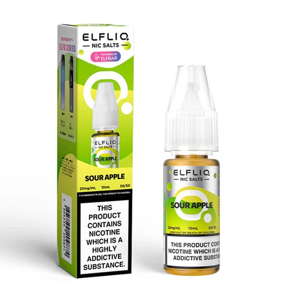 Elf bar ELFLIQ Nic Salts sour apple 10ml nic salt bottle with box on white background - uk vape sales