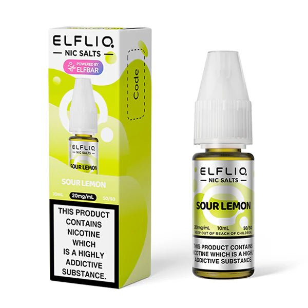 Elf bar ELFLIQ Nic Salts sour lemon 10ml nic salt bottle with box on white background - uk vape sales