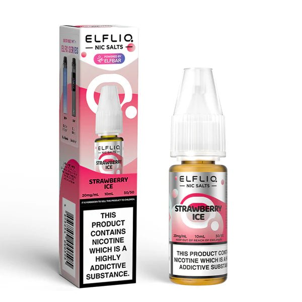 Elf bar ELFLIQ Nic Salts strawberry ice 10ml nic salt bottle with box on white background - uk vape sales