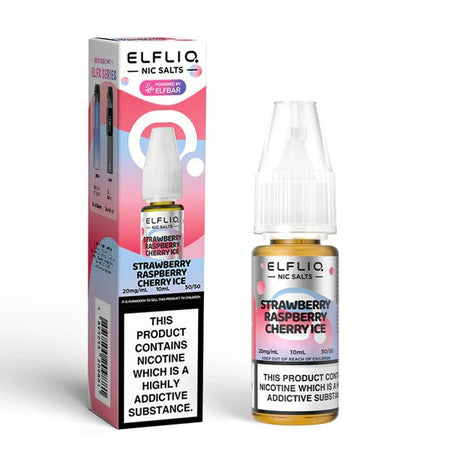 Elf bar ELFLIQ Nic Salts strawberry raspberry cherry ice 10ml nic salt bottle with box on white background - uk vape sales