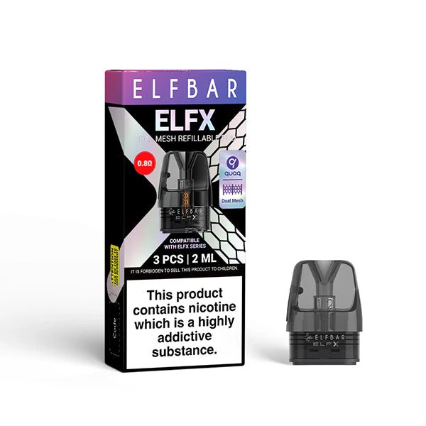 Elfbar ELFX Replacement Pods 0.8 Ohm Refillable Pod and packaging on white background - UK Vape Sales