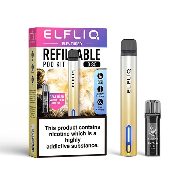 ELFLIQ Elfa Turbo Vape Kit Aurora Gold Kit And Pod With Packaging on White Background - UK Vape Sales