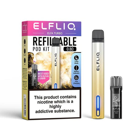 ELFLIQ Elfa Turbo Vape Kit Aurora Gold Kit And Pod With Packaging on White Background - UK Vape Sales