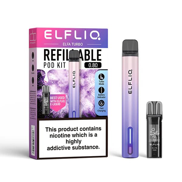 ELFLIQ Elfa Turbo Vape Kit Aurora Purple Kit And Pod With Packaging on White Background - UK Vape Sales