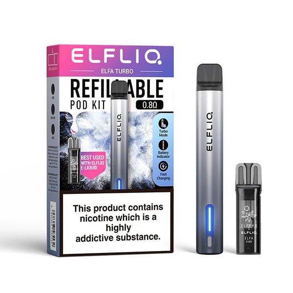 ELFLIQ Elfa Turbo Vape Kit - Aurora Black Kit And Pod With Packaging on White Background - UK Vape Sales