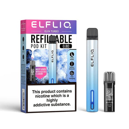ELFLIQ Elfa Turbo Vape Kit Aurora Cyan Kit And Pod With Packaging on White Background - UK Vape Sales