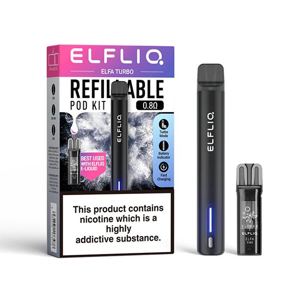 ELFLIQ Elfa Turbo Vape Kit Knight Kit With Pod And Packaging On White Background - UK Vape Sales