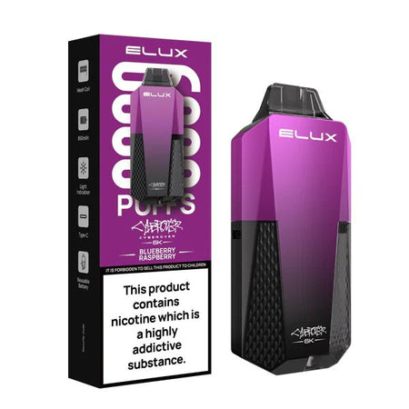 Elux cyberover 6k vape kit blueberry raspberry device and packaging on a white background - uk vape sales