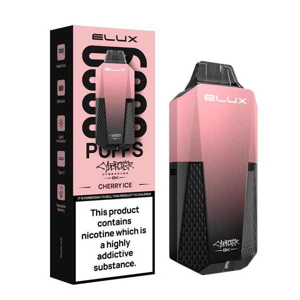 Elux cyberover 6k vape kit cherry ice device and packaging on a white background - uk vape sales
