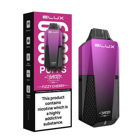 Elux cyberover 6k vape kit fizzy cherry device and packaging on a white background - uk vape sales