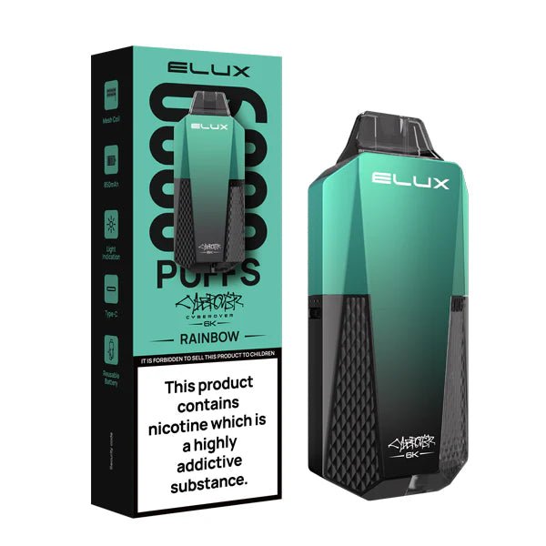 Elux cyberover 6k vape kit rainbow device and packaging on a white background - uk vape sales