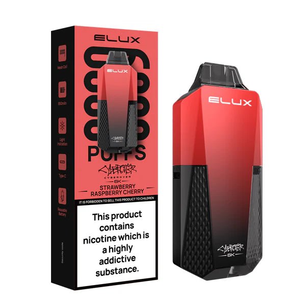 Elux cyberover 6k vape kit strawberry raspberry cherry device and packaging on a white background - uk vape sales