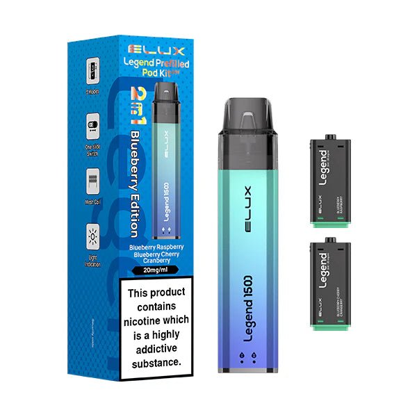 Elux Legend 1500 Vape Kit device with blueberry edition pods and packaging on a white background - uk vape sales