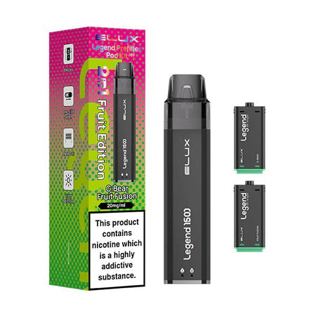 Elux Legend 1500 Vape Kit device with fruit edition pods and packaging on a white background - uk vape sales