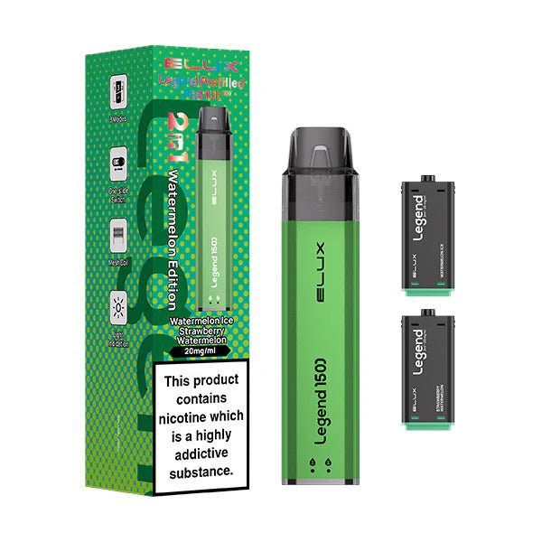 Elux Legend 1500 Vape Kit device with watermelon edition pods and packaging on a white background - uk vape sales