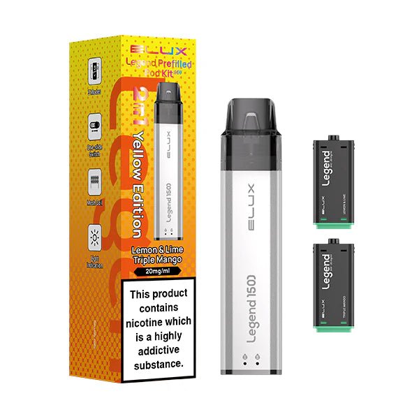 Elux Legend 1500 Vape Kit device with yellow edition pods and packaging on a white background - uk vape sales