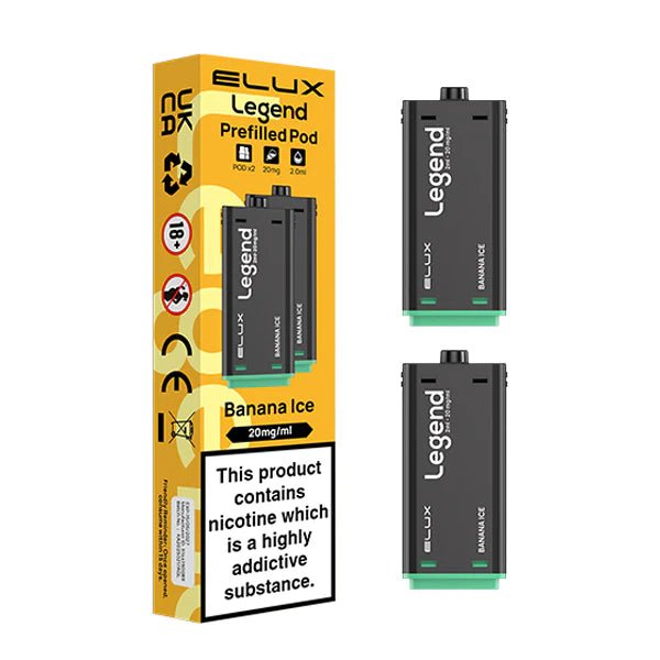 Elux legend 1500 Refill Pods banana ice with packaging on a white background - uk vape sales