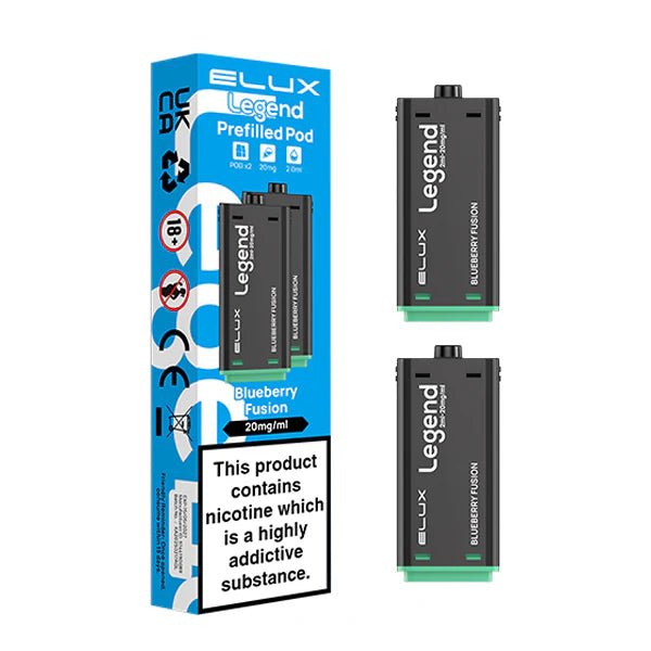 Elux legend 1500 Refill Pods blueberry fusion with packaging on a white background - uk vape sales