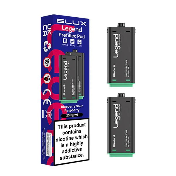 Elux legend 1500 Refill Pods blueberry sour raspberry with packaging on a white background - uk vape sales