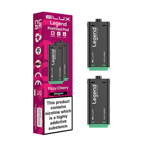 Elux legend 1500 Refill Pods fizzy cherry with packaging on a white background - uk vape sales