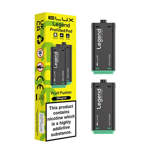 Elux legend 1500 Refill Pods fruit fusion with packaging on a white background - uk vape sales