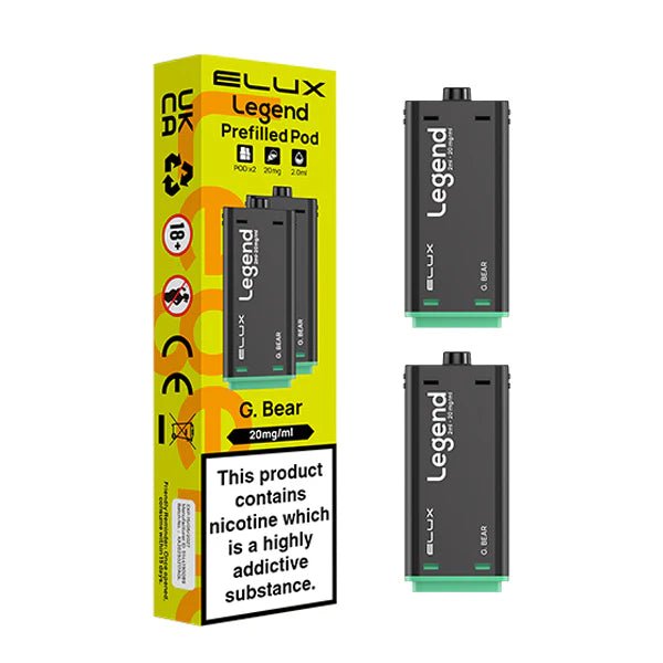 Elux legend 1500 Refill Pods g.bear prefilled vape pods with packaging on a white background - uk vape sales