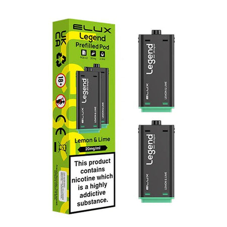 Elux legend 1500 Refill Pods lemon & lime prefilled vape pods with packaging on a white background - uk vape sales