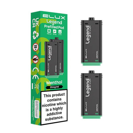 Elux legend 1500 Refill Pods menthol prefilled vape pods with packaging on a white background - uk vape sales