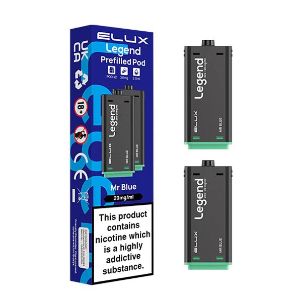 Elux legend 1500 Refill Pods mr blue prefilled vape pods with packaging on a white background - uk vape sales