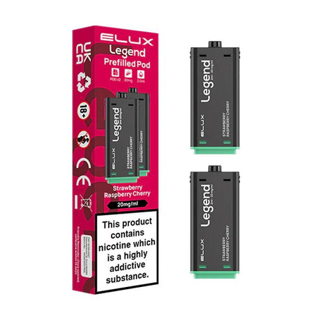 Elux legend 1500 Refill Pods strawberry raspberry cherry prefilled vape pods with packaging on a white background - uk vape sales