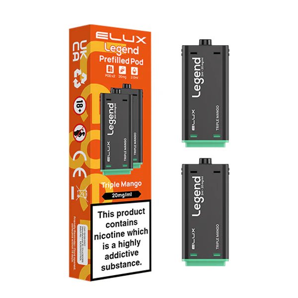 Elux legend 1500 Refill Pods triple mango prefilled vape pods with packaging on a white background - uk vape sales