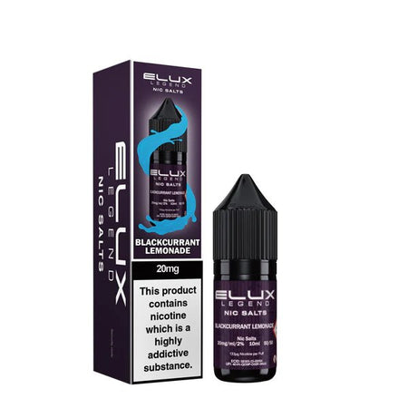 Elux Legend Nic Salts blackcurrant lemonade 10ml bottle and packaging on a white background - uk vape sales