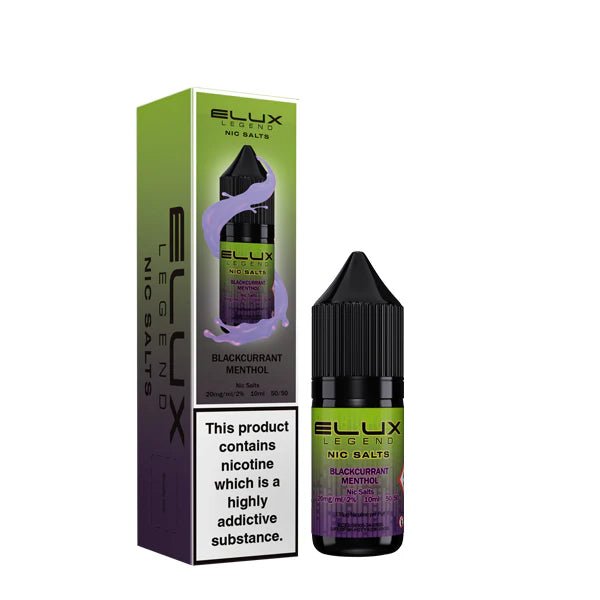 Elux Legend Nic Salts blackcurrant menthol 10ml bottle and packaging on a white background - uk vape sales