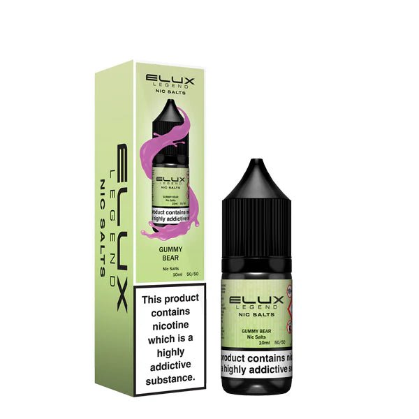 Elux Legend Nic Salts gummy bear 10ml bottle and packaging on a white background - uk vape sales