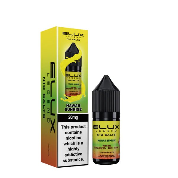 Elux Legend Nic Salts hawaii sunrise 10ml bottle and packaging on a white background - uk vape sales