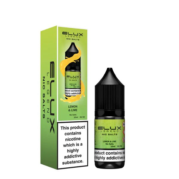 Elux Legend Nic Salts lemon & lime 10ml bottle and packaging on a white background - uk vape sales