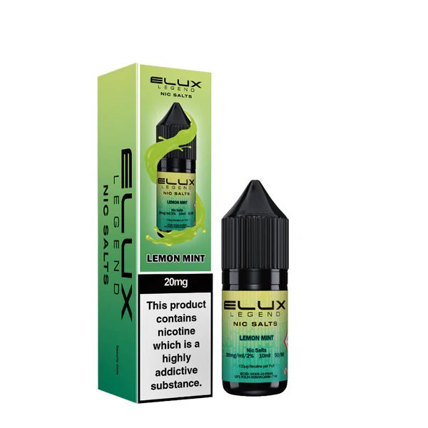 Elux Legend Nic Salts lemon mint 10ml bottle and packaging on a white background - uk vape sales